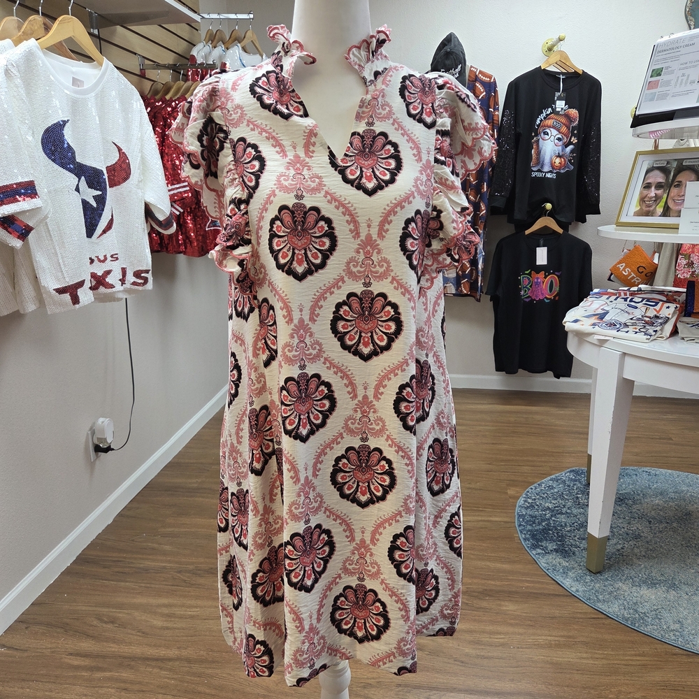 Umgee Pink and Black Patterned Midi Dress